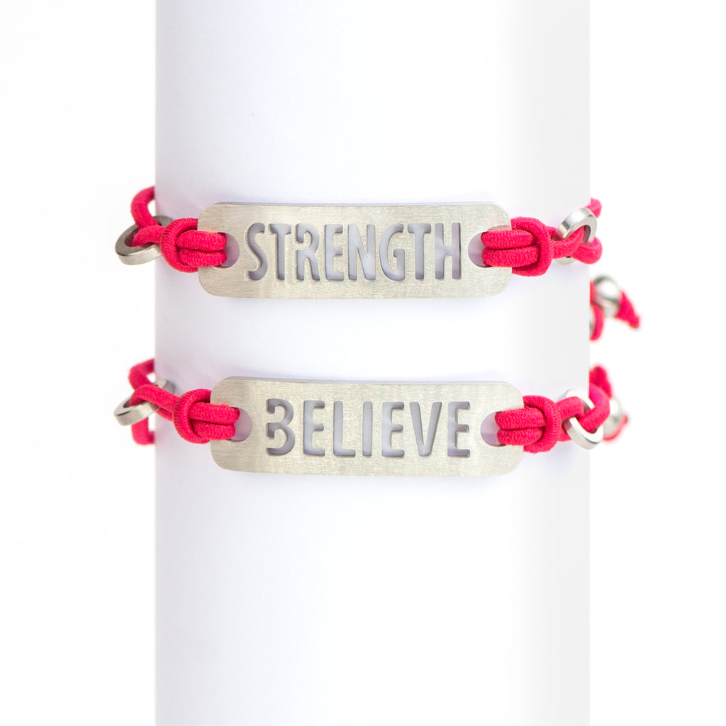 Strength, Courage, Believe, Breathe, Hope, Inspire, Live & Dream - Available in Black or Pink adjustable stretchy bracelet.  