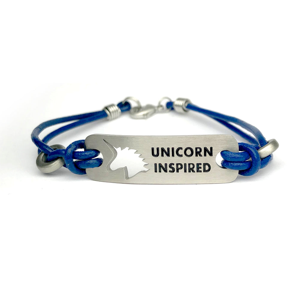 ATHLETE INSPIRED - RUN BOSTON, Unicorn Inspired Bracelet, Run Boston Blue Leather Bracelet, Boston Marathon Gift, Race Gift